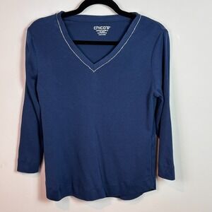 Chico's Womens Navy Silver Trim V-Neck 100% Pima Cotton 3/4 Sleeve Tee sz 0/SM